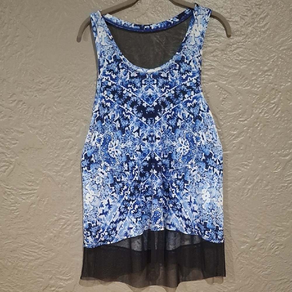Jennifer Lopez Asymmetrical Blue and White Tank Top